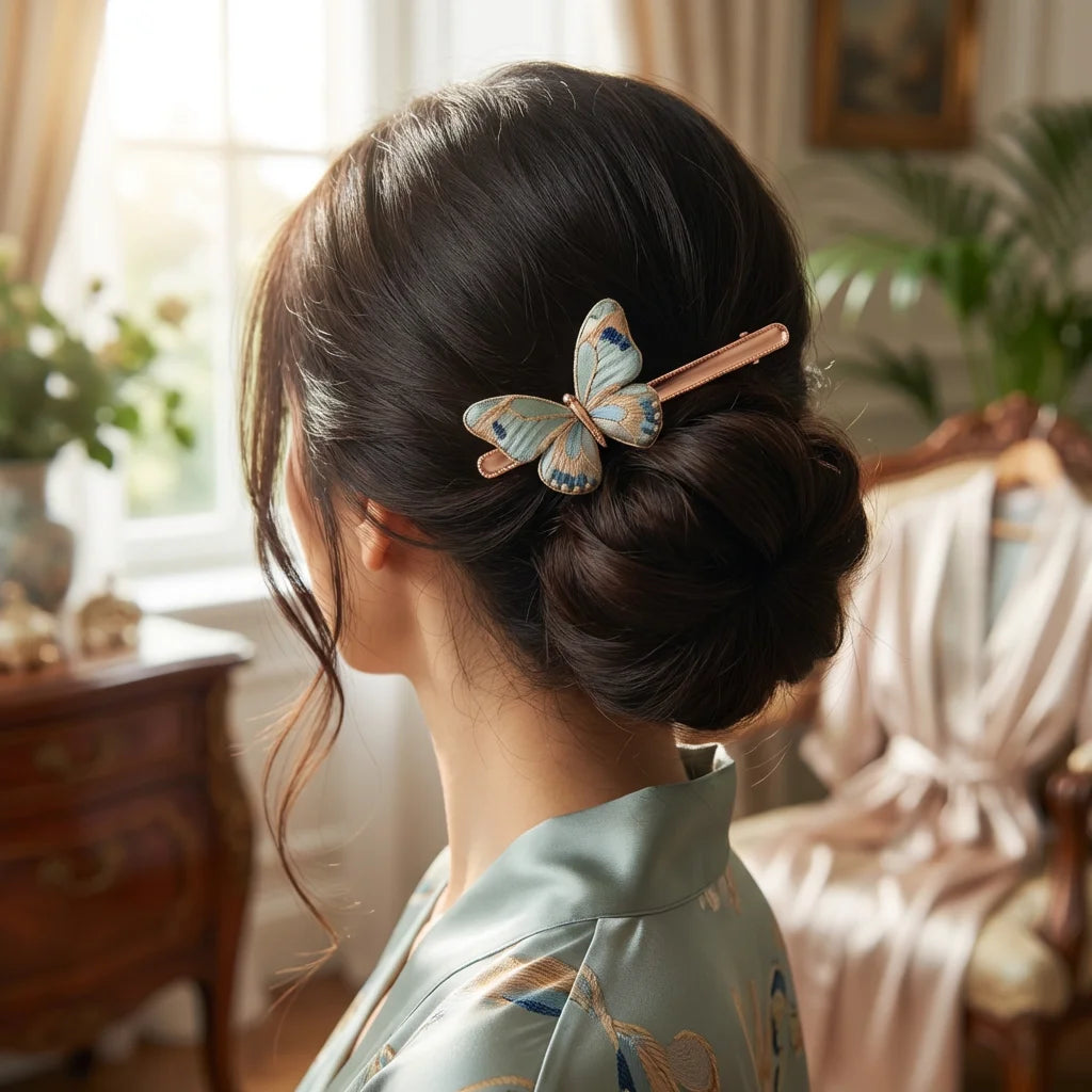 Butterfly Bar Clip — Sage Blue Shu Brocade worn in hair lifestyle SCENE elegant
