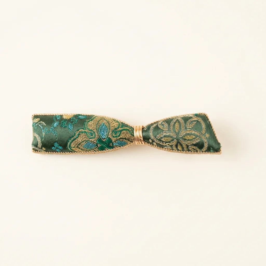 Emerald Green Shu Brocade Bow Hair Clip — ivory background HERO handcrafted