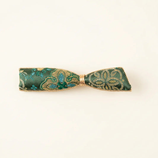 Emerald Green Shu Brocade Bow Hair Clip — ivory background HERO handcrafted