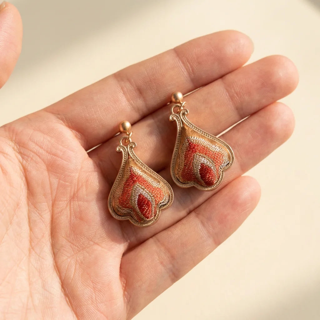 Teardrop silk brocade earrings size reference — hand scale approximately 3.5cm Shu Brocade