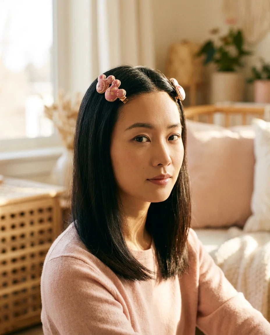 Pink Blossom Mickey Silk Hair Clip — worn in hair lifestyle SCENE
