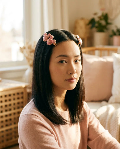 Pink Blossom Mickey Silk Hair Clip — worn in hair lifestyle SCENE