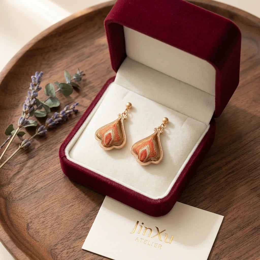 Terracotta Shu Brocade Teardrop Drop Earrings — JinXu Atelier gift box burgundy velvet packaging Chengdu artisan
