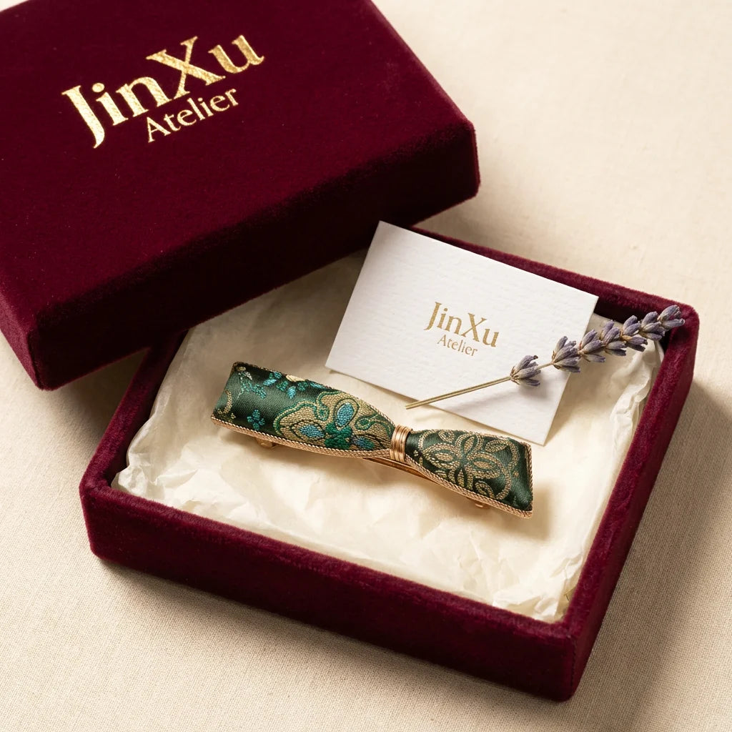 Emerald Green Shu Brocade Bow Hair Clip — JinXu Atelier luxury burgundy velvet gift box packaging