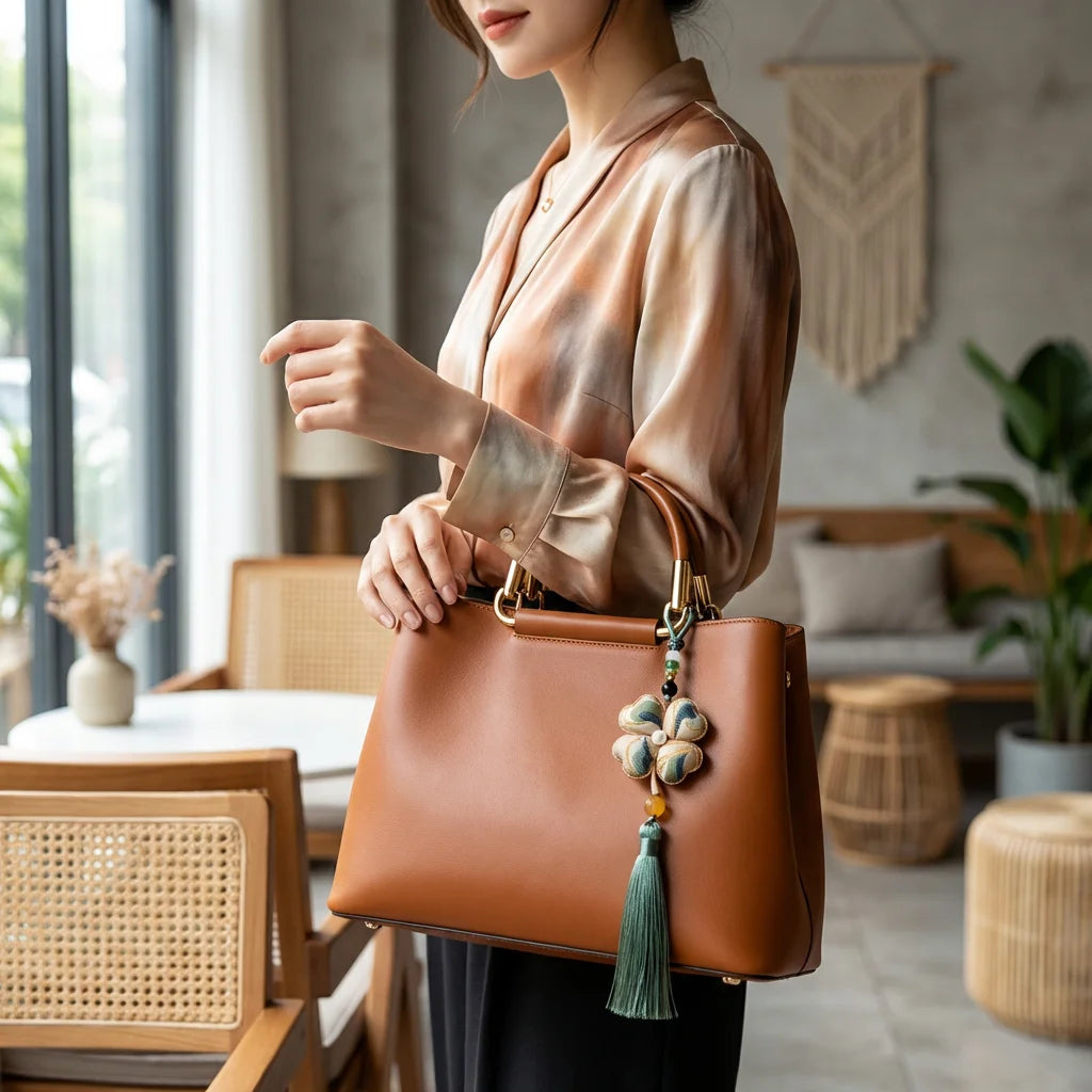 Clover Silk Brocade Phone Charm — Sage Blue worn on handbag SCENE lifestyle