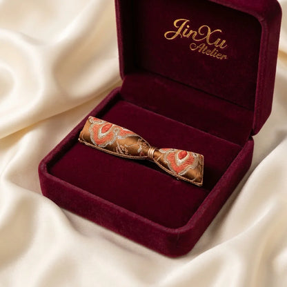 Bow Silk Brocade Hair Clip — Terracotta JinXu Atelier gift box burgundy velvet packaging BOX