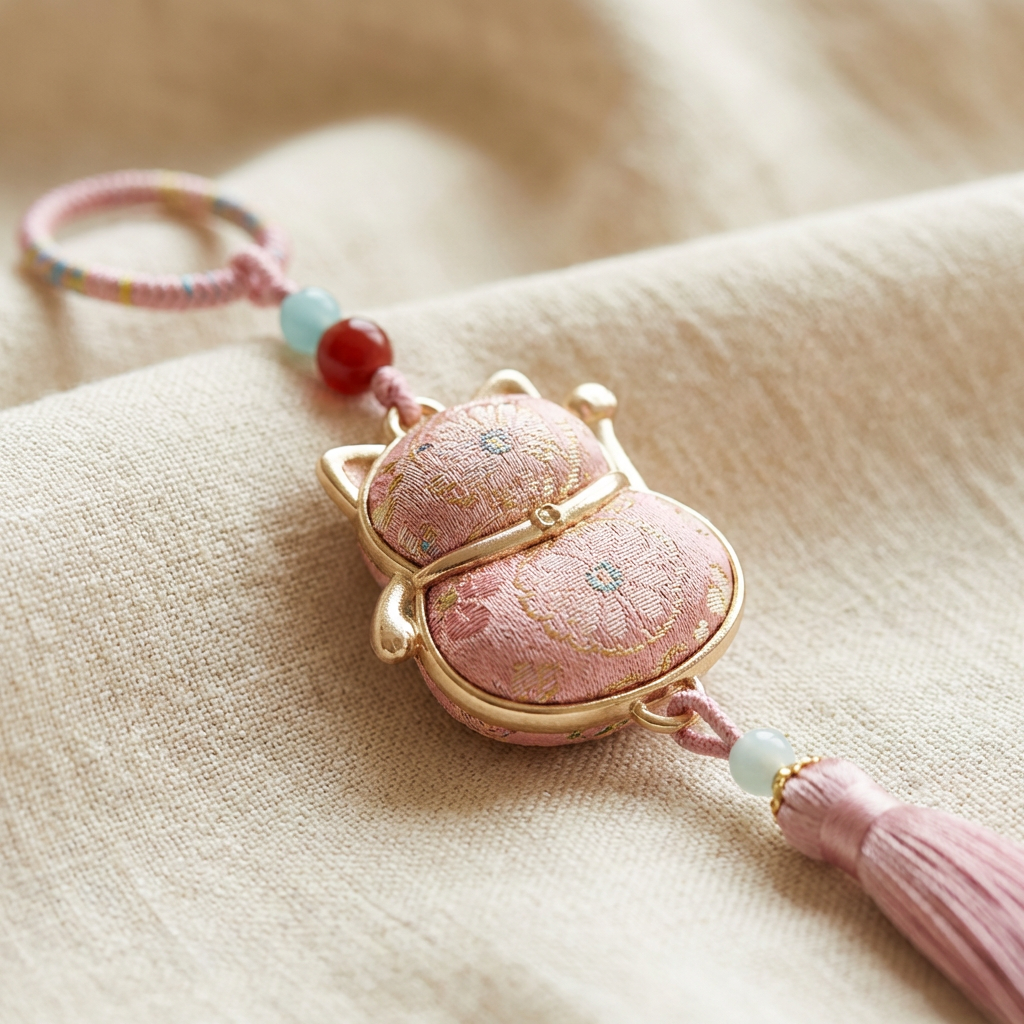 Pink Lucky Cat Fortune Knot Tassel Charm — weave texture macro detail 45 degree