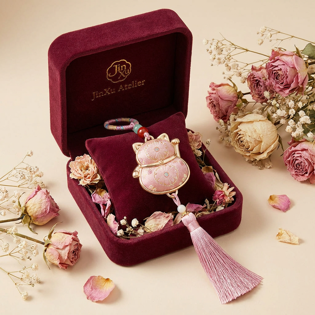 Pink Lucky Cat Fortune Knot Tassel Charm — JinXu Atelier luxury burgundy velvet gift box